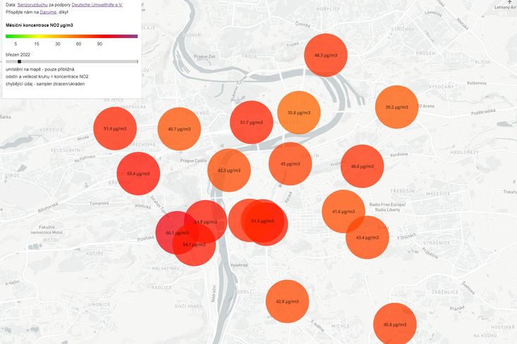 Mapa umístění NO2 passivních samplerů Praha 2022 až 2023